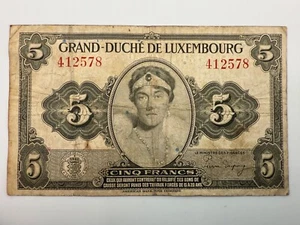 1944 Grand Duchy of Luxembourg 5 Francs P43a Banknote SPC521 - Picture 1 of 2
