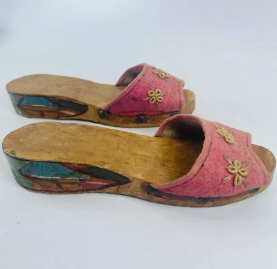 Резные деревянные туфли на танкетке ручной работы Филиппины Тики маленькие дети Вторая мировая война винтажные 1940-е - Изображение 1 из 4