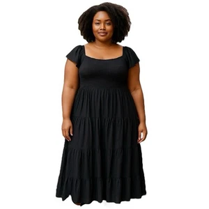 NEW Autograph Tiered Maxi Dress Plus Sz 28 Linen Blend Shirred Top Pockets Black - Picture 1 of 9