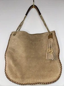 MICHAEL KORS Whipped Chelsea Large Tan Suede Bag 2 Handle Chain Strap Boho Style - Picture 1 of 24