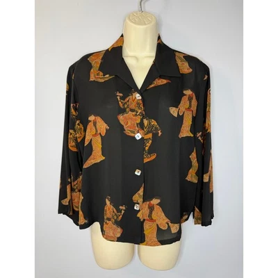 Blusa Harari Vintage Seda Asiática Estampado Geisha Artística Para Mujer Negra Talla M  Foto 1 de 4