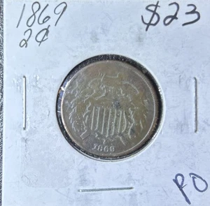 Heavily Circulated 1869 2 Cent Coin - Picture 1 of 2
