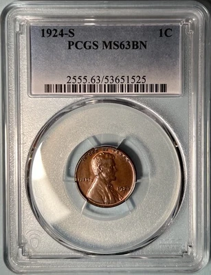 1924-S Lincoln Cent PCGS MS63 BN Brown — Very Tough Date This Nice - Image 1 of 4