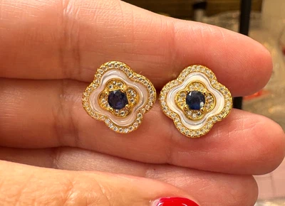 Zaffiro,Madreperla & Zirconi Orecchini a Lobo Silver 925 Oro Plated-Certificate - Immagine 1 di 4