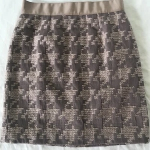Ann Taylor 2P Pencil Skirt Houndstooth Weave Taupe Fully Lined Ribbon Trim EUC - Picture 1 of 8