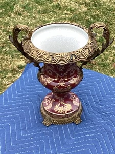 Antique Late 1800’s 14in Pottery Vase W/Gilt Chiseled Bronze Hand painted RARE* - Picture 1 of 8