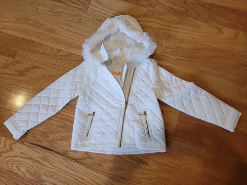 OFF WHITE Giacca Gymboree Right Meow 5 6 avorio bianco sporco cappuccio pelliccia cappotto trapuntato moto nuova con etichette
