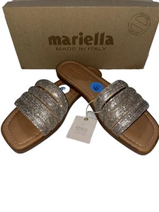 MARIELLA Tan Leather Rhinestone Slide Sandals Size 6.5 Made In Italy - Picture 1 of 3