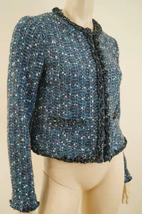 Giacca TORY BURCH blu e argento metallizzato Boucle tweed manica lunga cropped UK10 - Foto 1 di 6