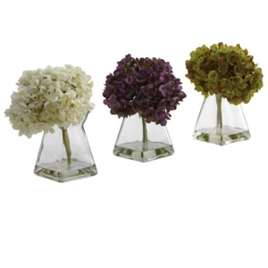 ARTIFICIAL SILK HYDRANGEA FAKE FLOWER ARRANGEMENTS w/ VASE - SET of 3 - Picture 1 of 4