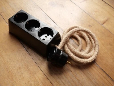 MARKENLOS Steckdose Bakelit mit Naturlichen Juta-Textilkabel und Retro Trapez CE Vintage