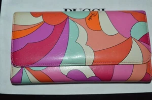 EMILIO PUCCI TRIFOLD 7.5" WALLET SOFT LEATHER BRIGHT PATTERN NEW VINTAGE RARE - Picture 1 of 12