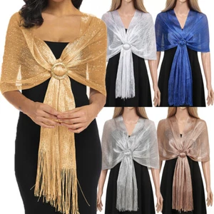 Women's Sparkling Metallic Scarf with Buckle Silver Shiny Tassels Shawls Wraps + - Picture 1 of 18