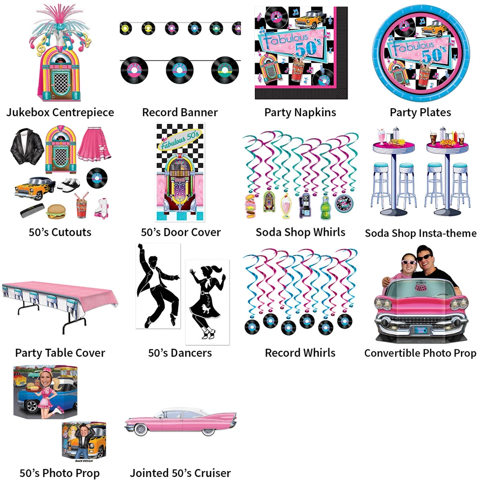 1950's GREASER / SODA SHOP THEME DECORATIONS - PARTYWARE COMPLETE SELECTION - Image 1 of 1