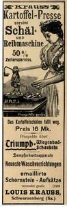 Kartoffel-Presse & Schälmaschine vereint D.R.P..a. Erfinder- Annonce von 1899 - Picture 1 of 1