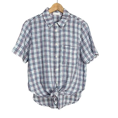 Camisa CP Shades para mujer M a cuadros manga corta abotonada corbata frontal 100 % lino Foto 1 de 4