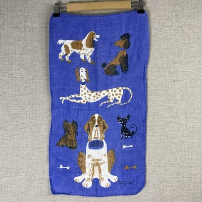 Vintage RARE Tammis Keefe MCM Blue Dogs Linen Tea Towel Kitchen Dish Towel - Image 1 of 4