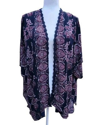 Full Tilt Kimono Cardigan Oversized Medium Navy Floral Lace Trim Boho Festival - Image 1 of 4