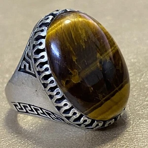 925 Sterling Silver Men's Ring with Big Tiger Eye Stone Natural Gemstone - Picture 1 of 7