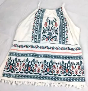 Skies Are Blue Women's Embroidered Floral Halter Top XL White Tasseled Hem Boho - Picture 1 of 11