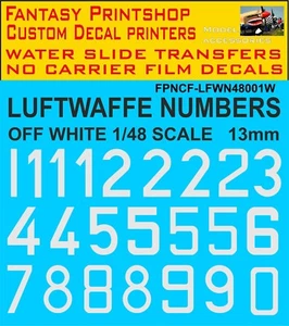 German Luftwaffe Numbers OFF WHITE 13mm FPNCF-LFWN48001W 1/48 scale TRANSFERS - Picture 1 of 4