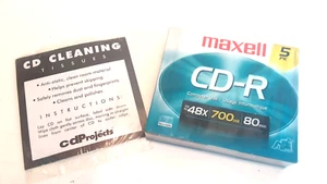 5 Stück CD-R Computer Einsatz Discs Maxell 48x 700MB 80min NEU & CD Reinigungstücher - Bild 1 von 6