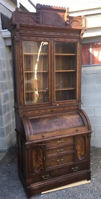 VICTORIAN WALNUT AND BURL CYLINDER SECRETARY - Image 1 of 4