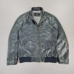 Hugo Boss Mens Leather Jacket Blue 42 R Lamb Skin Full Zip Anaton - Picture 1 of 15