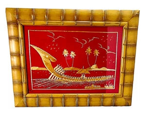 Framed Asian Bamboo Rice Straw Art Picture Palms Boat Scene 24” x 18.5” - Picture 1 of 10