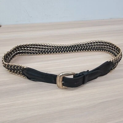 Cinturón tejido cadena dorada vintage para mujer pequeño negro años 90 rockero punk imitación cuero Foto 1 de 4
