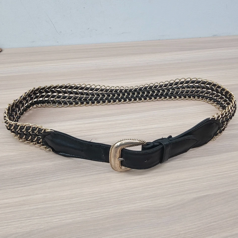 Cinto de tecido vintage dourado feminino pequeno preto anos 90 rocker punk couro falso - Imagem 1 de 4