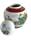 Vtg Chinese Famille Rose Porcelain Tea Jar Painted Calligraphy  & Artwork, Mark