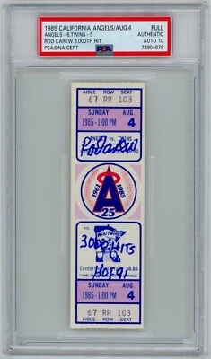 Rod Carew Signed Full 3000th Career Hit Ticket w/ "3000 Hit/HOF 91" PSA GEM AUTO - Image 1 of 2