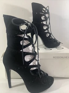 REISS RRP:£245 Black Suede mid-calf lace up boots. Stiletto. rhinestones. Size 5 - Picture 1 of 12