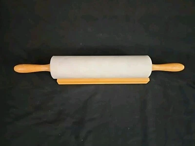 Marble Gourmet Rolling Pin w/Wood Cradle Stand Gray Vintage Stone Wood Scratches - Image 1 of 4