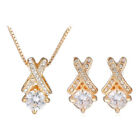 Gold Plated X Shaped Cubic Zirconia Crystal Drop Necklace Earrings Jewellery Set