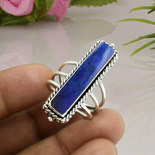 Anello a tripla fascia con pietra grande lapislazzuli in argento sterling... - Immagine 1 di 4