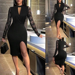 UK Womens Lace Sexy V Neck Bodycon Evening Cocktail Clubwear Party Mini Dresses - Picture 1 of 18