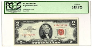 NobleSpirit US Legal Tender 1963 $2 Banknote Fr. 1513 PCGS 65PPQ Gem New - Picture 1 of 2