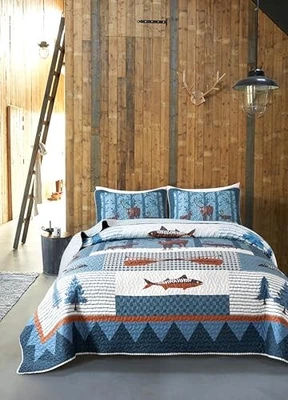  Fish Quilt Set - Size with 2 Shams, Rustic Cabin Bedding with Queen True North - Image 1 of 4