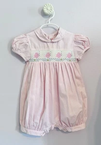 Vintage House of Hatten Pink Striped Bubble Romper Smocked Fish Puff Sleeves 24M - Picture 1 of 5