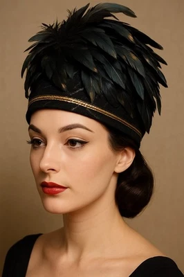 Vintage Black Feather Cocktail Hat Gold Trim Fascinator 1950s 60s Derby Style - Image 1 of 4