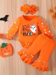 Otoño, Halloween Conjunto Bebé 6-12 Meses, Naranja, Fantasma, Abucheo, Juego de 3 Piezas - Imagen 1 de 7