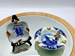 Two Vintage Blue White Porcelain Ceramic Small Ashtrays Delft Gilded - Picture 1 of 11