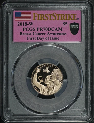 2018-W Breast Cancer $5 Pink Gold FDOI First Strike PCGS PR-70 DCAM Secure Label Cover