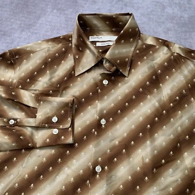Mens Perry Ellis 100% Silk Shirt Size M Long Sleeve Button Up Brown Pattern  - Image 1 of 4