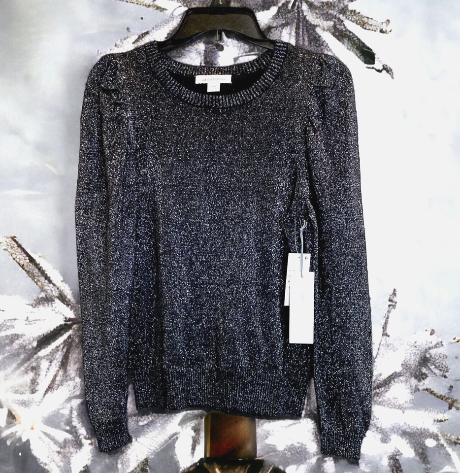 Nuevo con etiquetas Suéter Para Mujer Pequeño Mediano Liz Claiborne Brillante Negro/Plateado Top Nuevo $49 Foto 1 de 1
