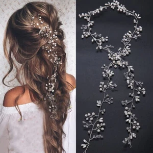 Pearls Wedding Hair Vine Crystal Bridal Accessories Diamante Headpiece 35cm-50cm - Picture 1 of 22