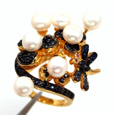 925 Sterlingsilber 6 Mm. Weiße Perle & Blauer Saphir Schmuck Ringgröße 3.75 - Bild 1 von 4