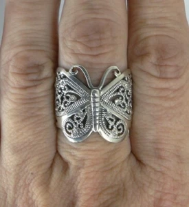 Vtg Sterling Silver BUTTERFLY FILIGREE Ring CZ Crystals Big 925 Wide Band 8-1/4 - Picture 1 of 10